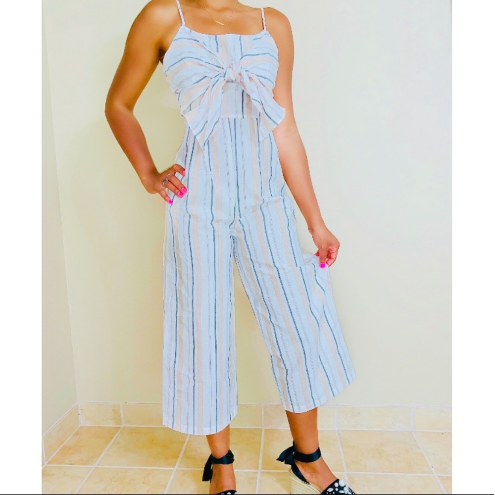 TASHA Overlay Front-Tie Capri Jumpsuit - Picture 1 of 8
